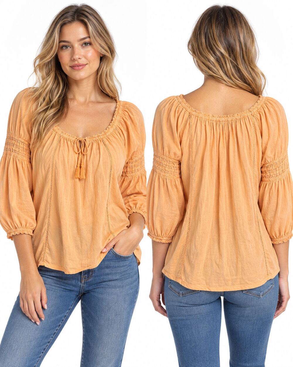 Anthropologie Women XL Orange Cotton Peasant Blouse Boho Puff Sleeve